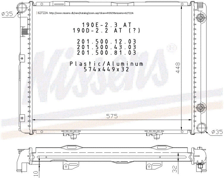 For Mercedes W201 190E Plastic//Aluminum Radiator NISSENS 201 500 64 03